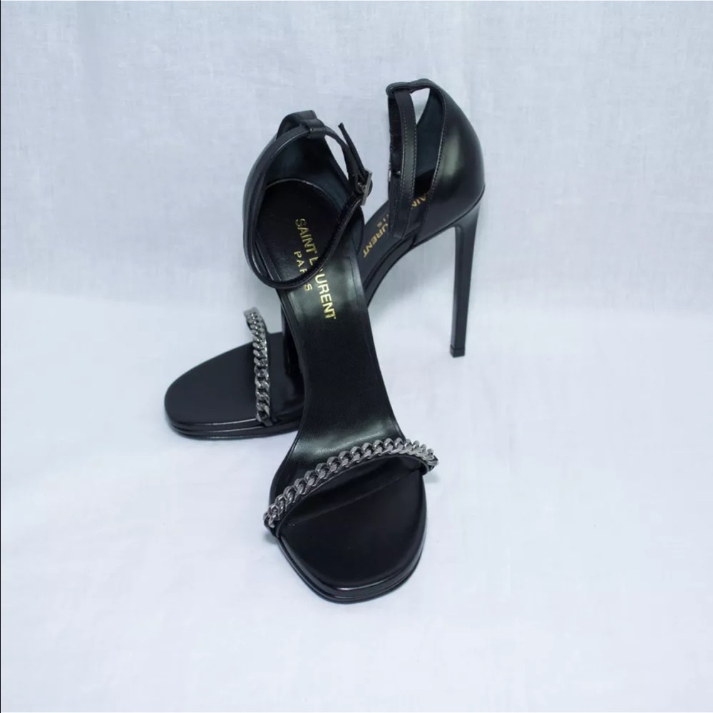 Saint Laurent Black Leather Chain-Strap Stiletto Sandals